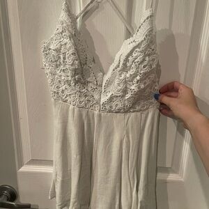 White Crochet Open Back Romper